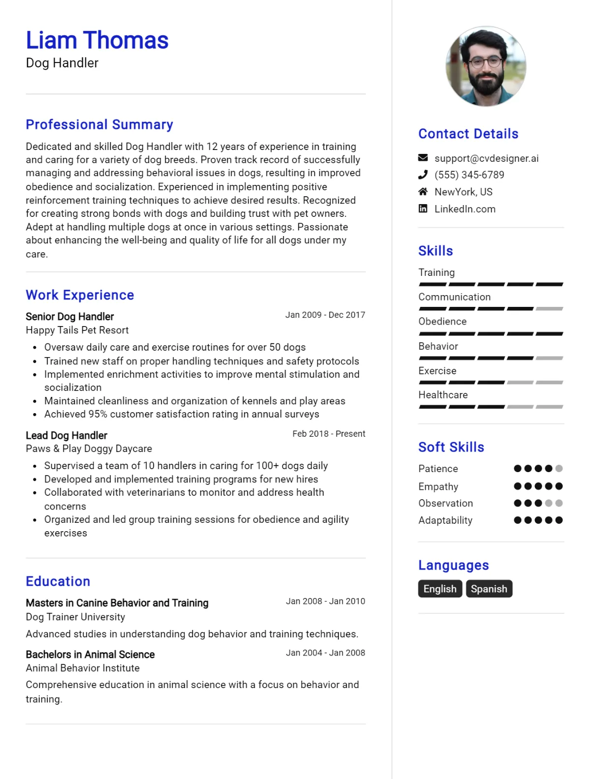 Dog Handler CV Example For 2025: Strategies & Templates - CVDesigner.ai