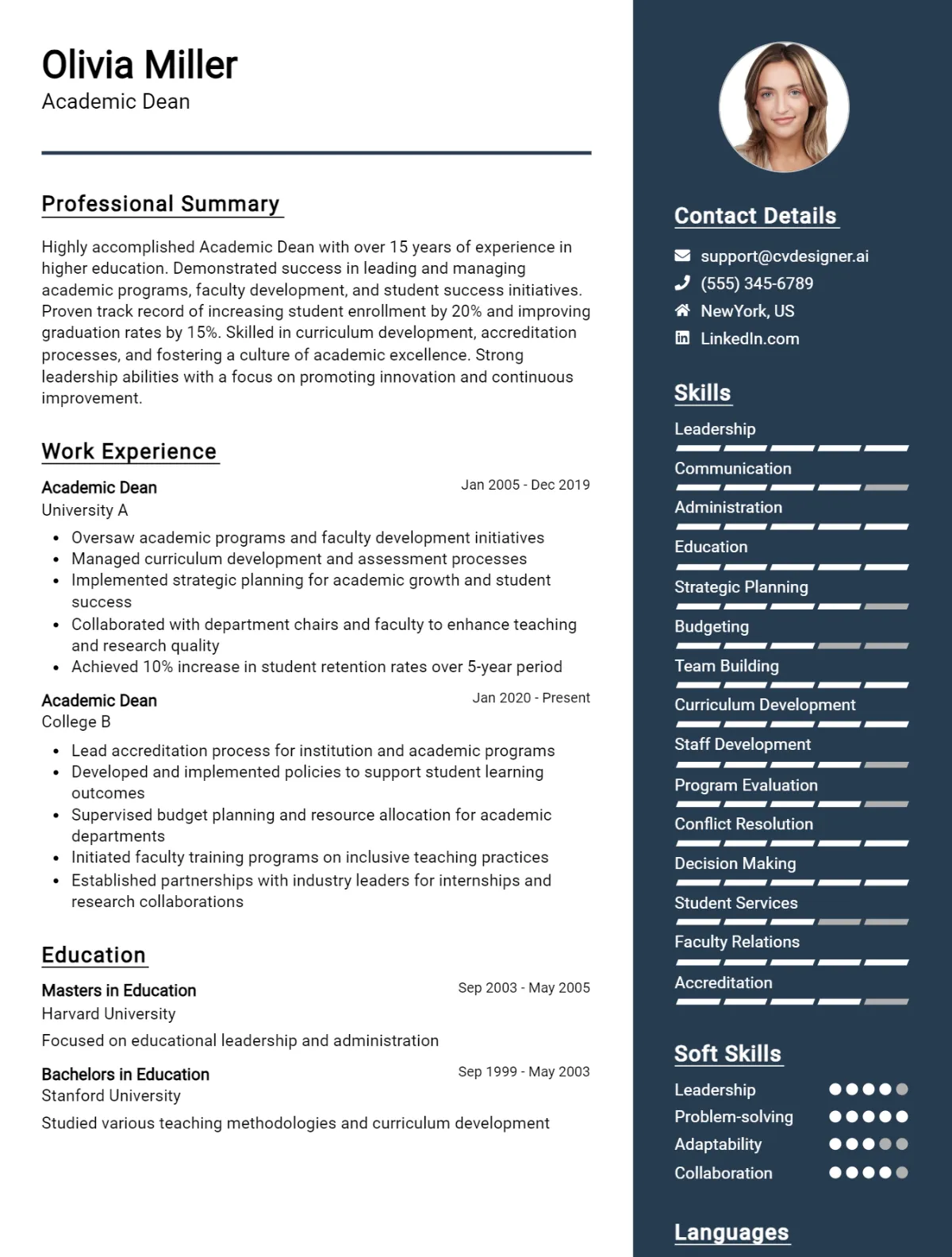 10 Academic Dean CV Examples For 2024: Free CV Templates - CVDesigner.ai