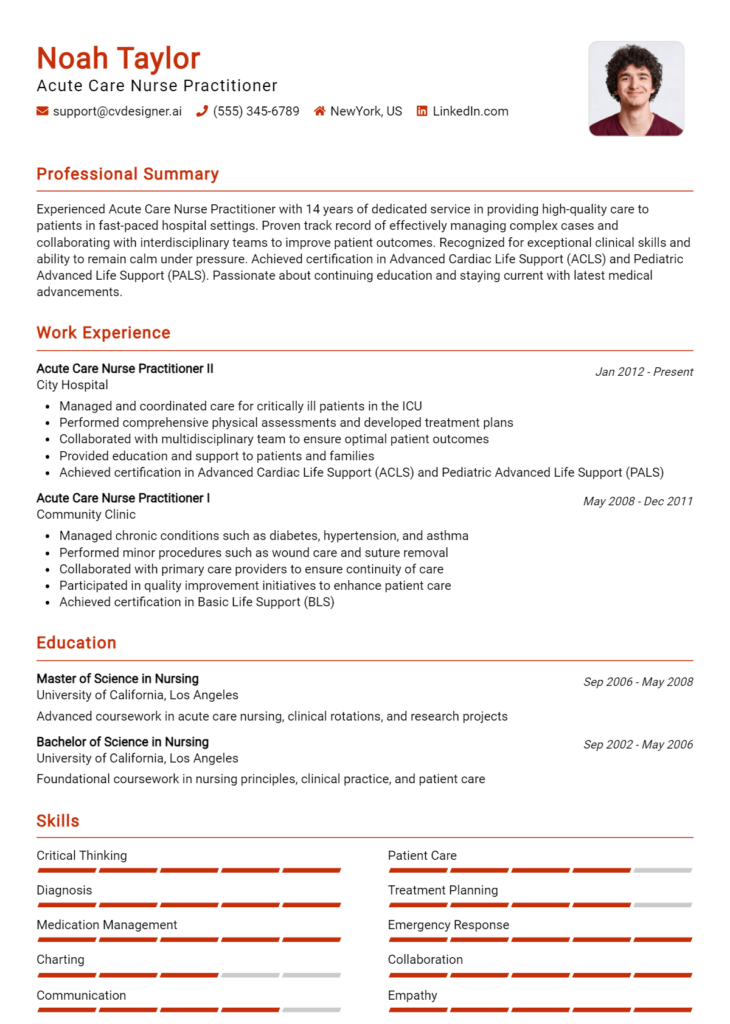 Acute Care Nurse Practitioner Resume Example