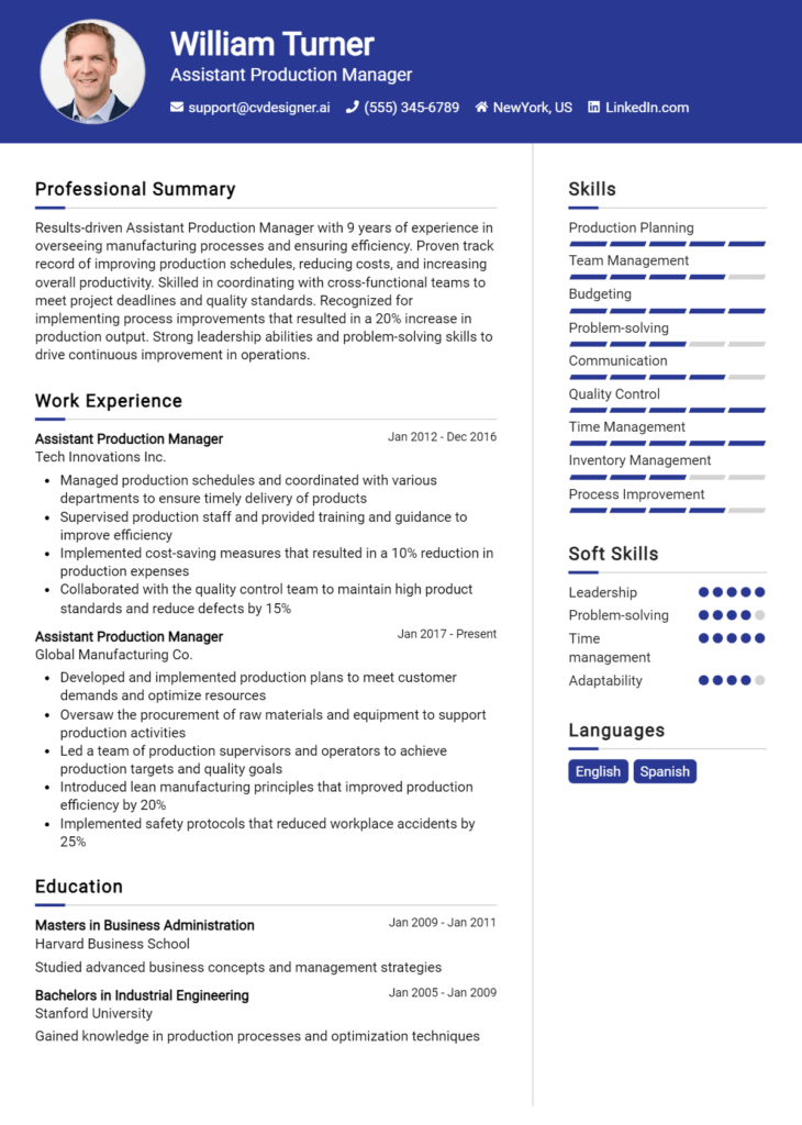 Assistant Production Manager Resume Example for 2025: Top Templates ...