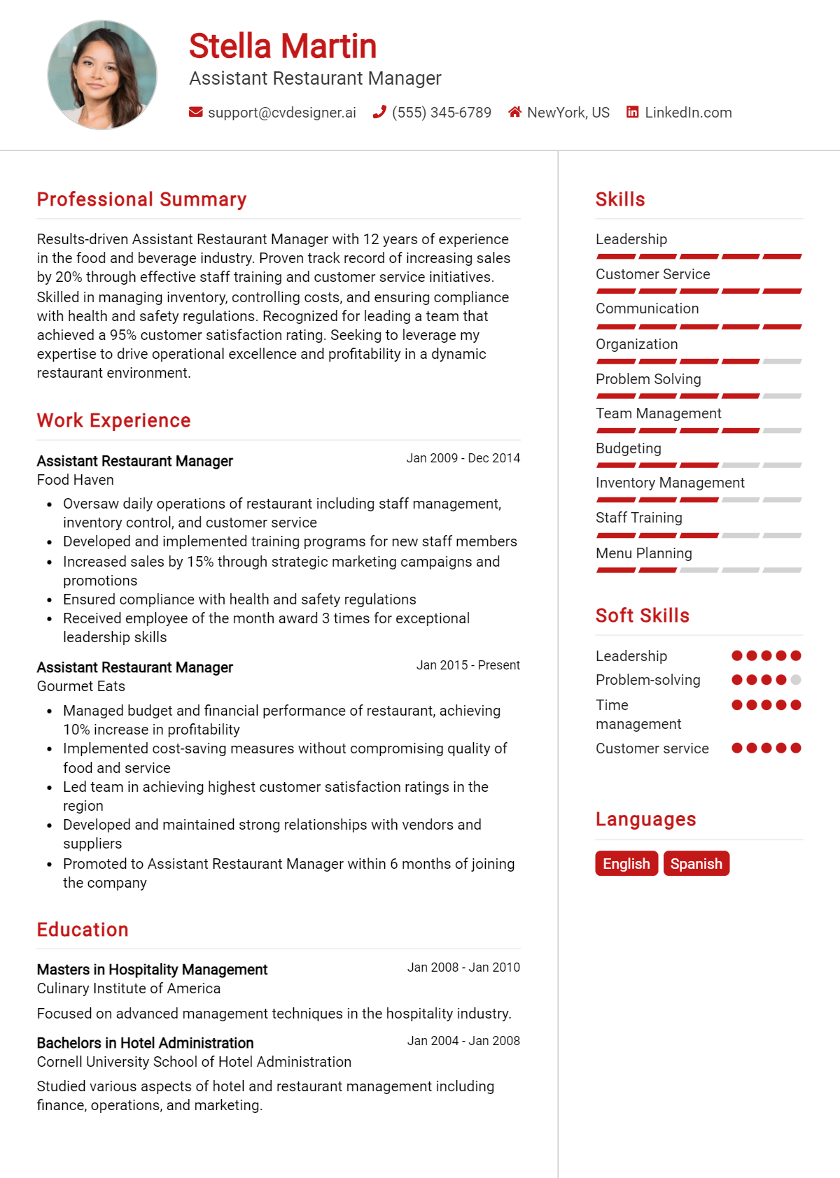 Assistant Restaurant Manager Resume Example