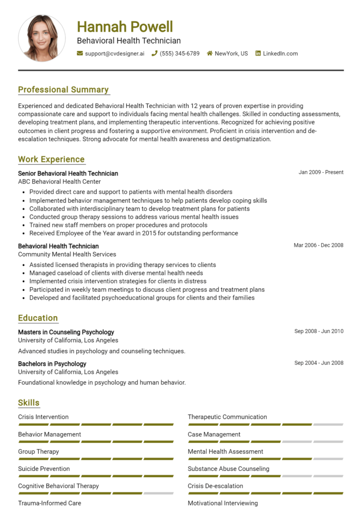 Behavioral Health Technician Resume Example