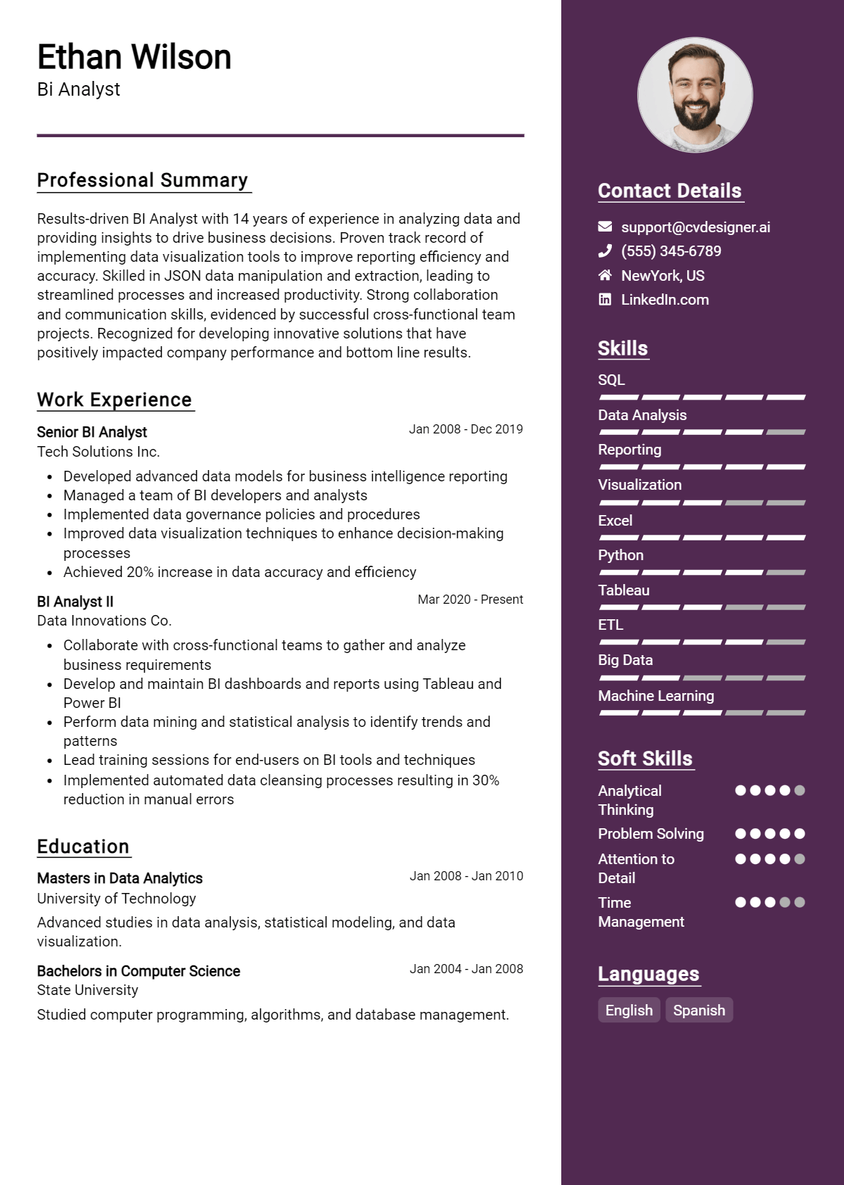 BI Analyst Resume Example for 2024: Top CV Skills - CVDesigner.ai