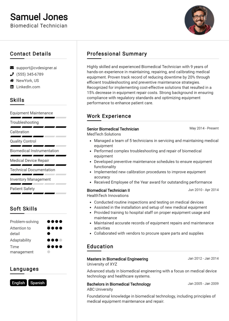 Biomedical Technician Resume Example