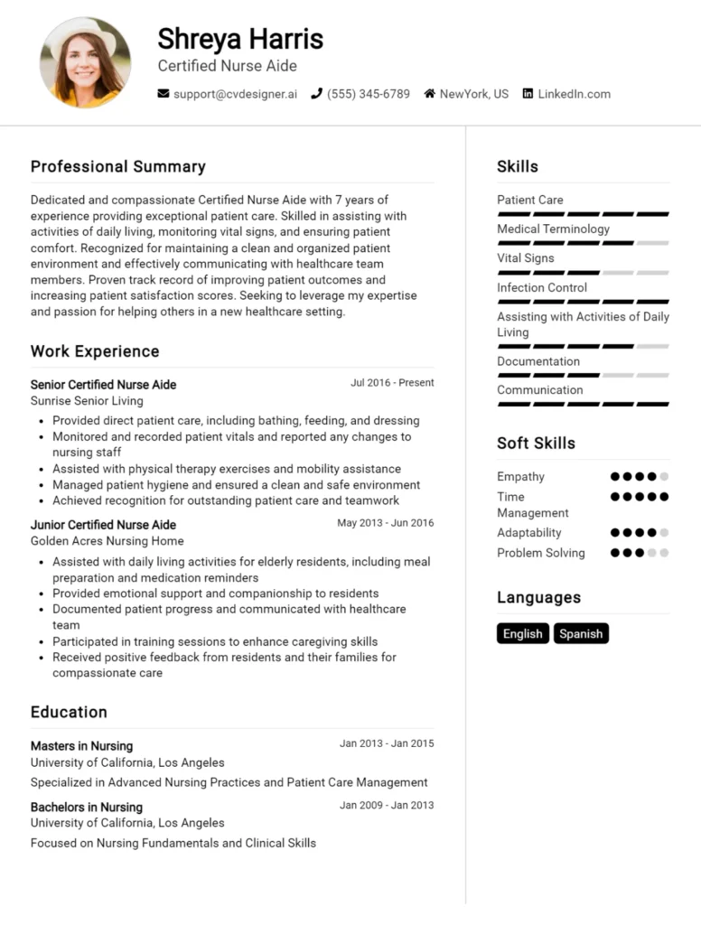 Certified Nurse Aide CV Example