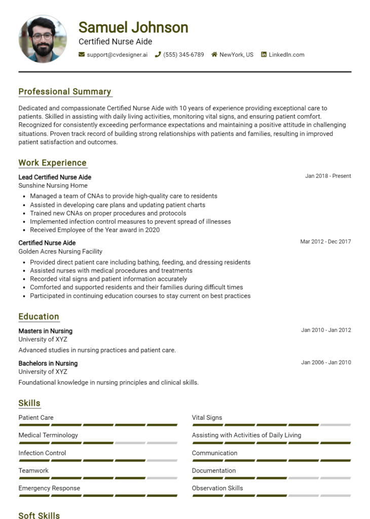 Certified Nurse Aide Resume Example