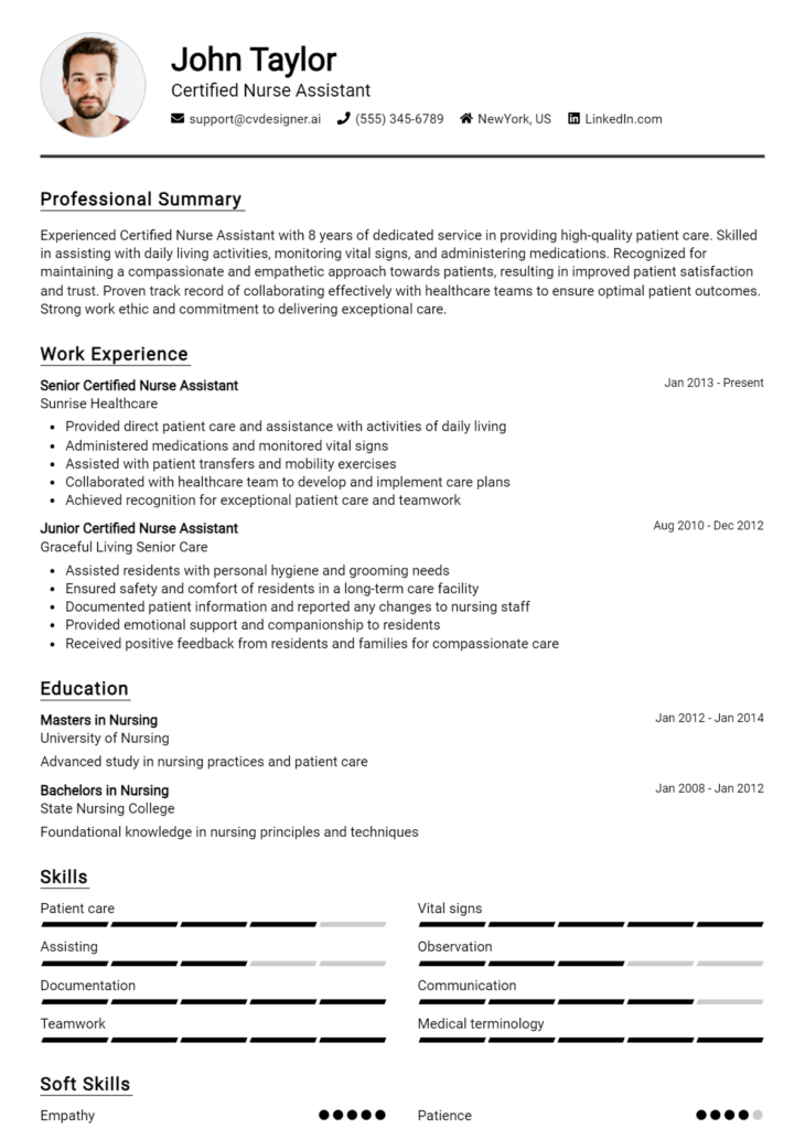 Certified Nurse Assistant Resume Example