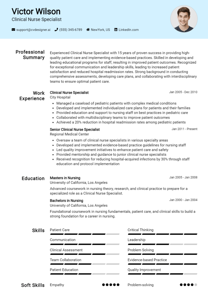 Clinical Nurse Specialist Resume Example