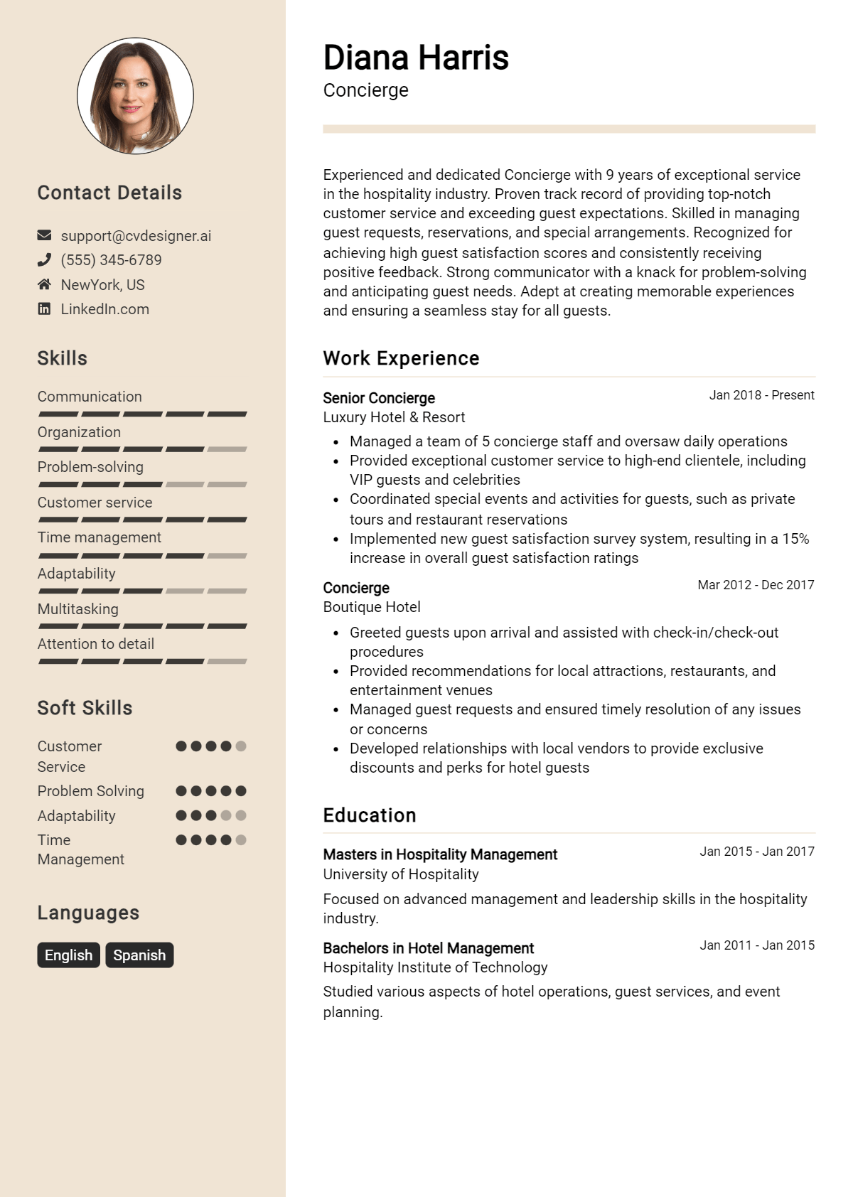 Concierge Resume Example for 2024: Free Examples - CVDesigner.ai