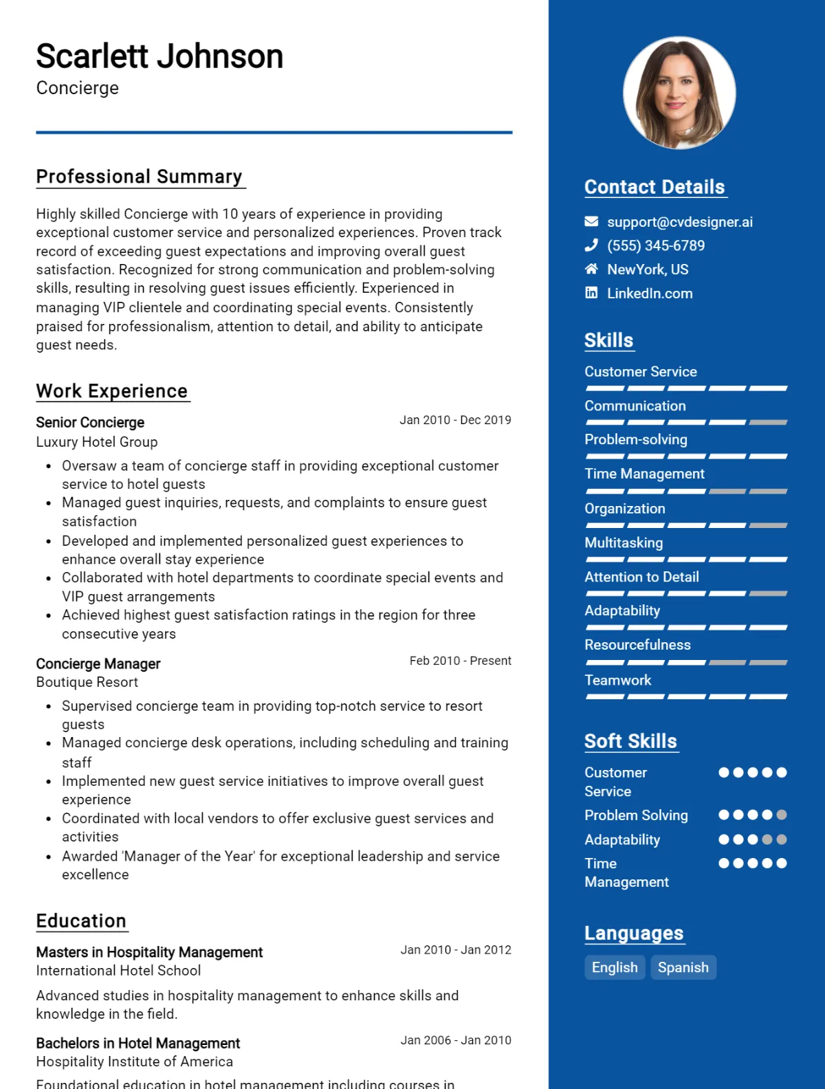 Concierge CV Example For 2024: Effective CV Writing Tips - CVDesigner.ai