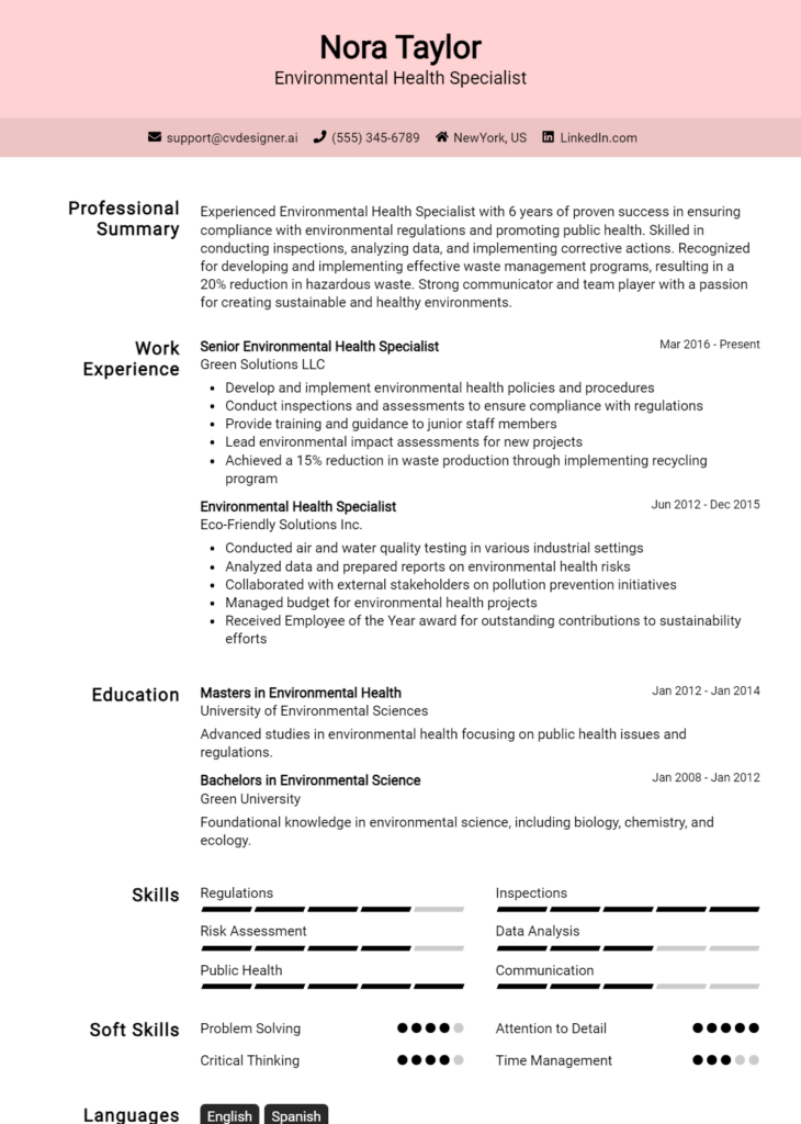 Environmental Health Specialist Resume Example