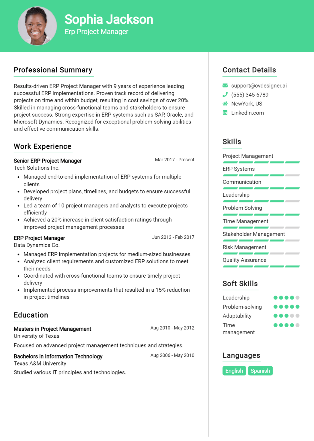 ERP Project Manager Resume Example for 2025: Free Samples - CVDesigner.ai