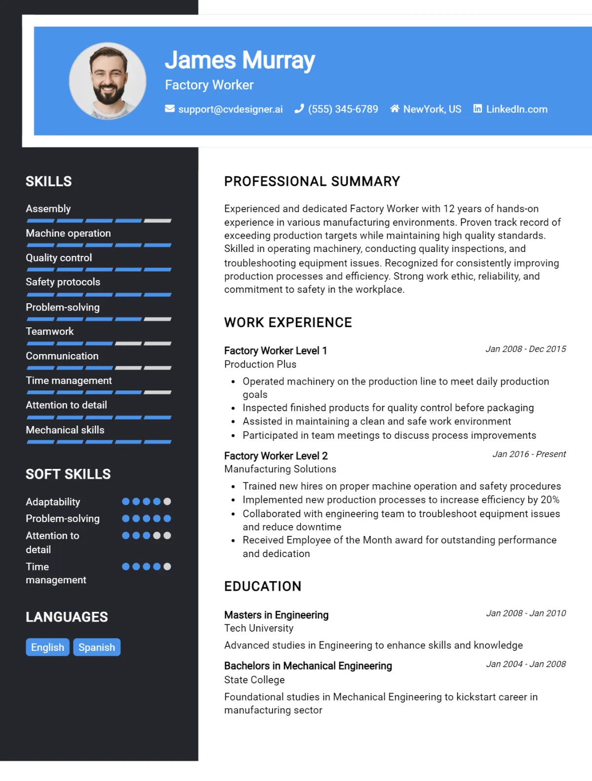 Factory Worker CV Example For 2024: Top Tips & Samples - CVDesigner.ai