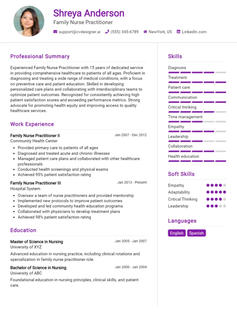 Family Nurse Practitioner CV Example