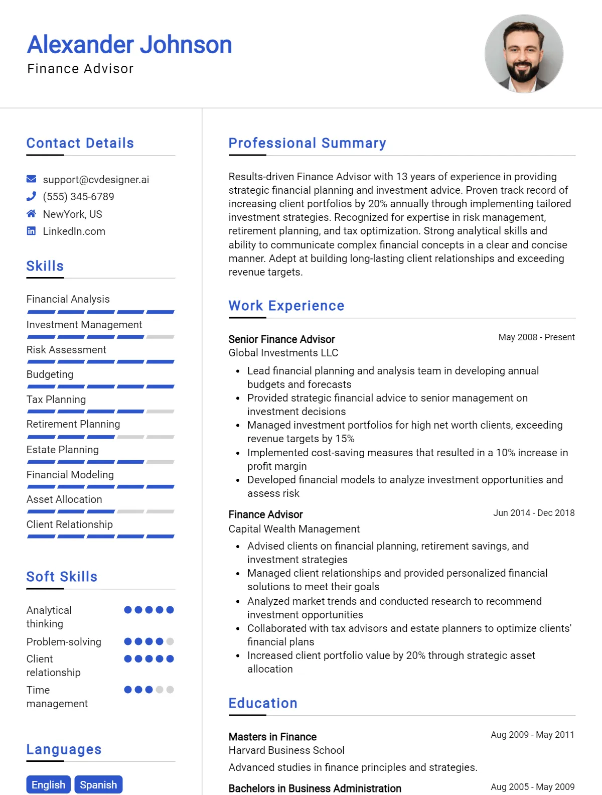 Finance Advisor CV Example For 2024: Ultimate Guide - CVDesigner.ai