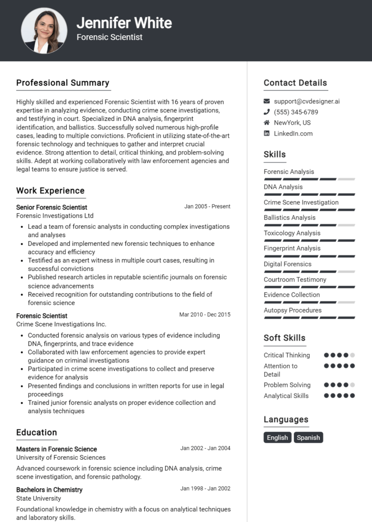 Forensic Scientist Resume Example for 2024: Free Guide - CVDesigner.ai