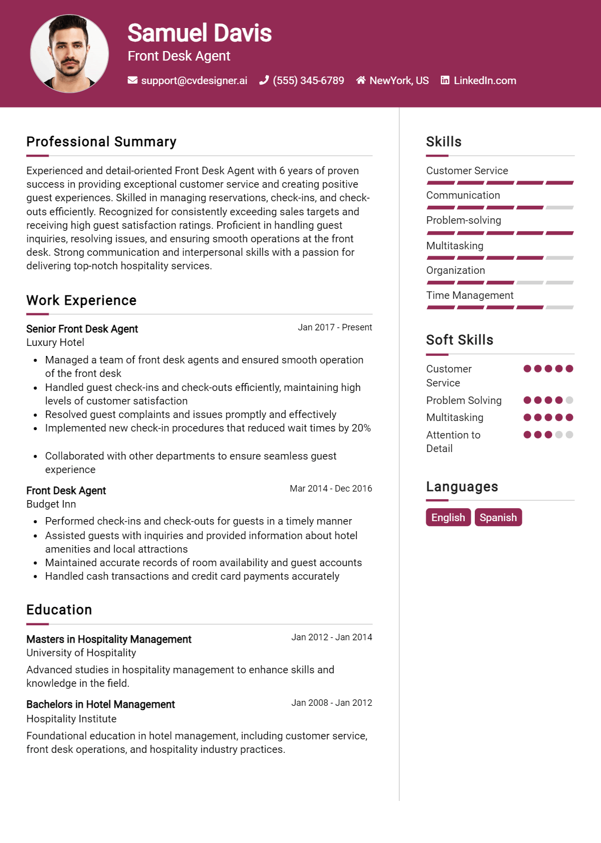 Front Desk Agent Resume Example for 2024: Tips to Stand Out - CVDesigner.ai