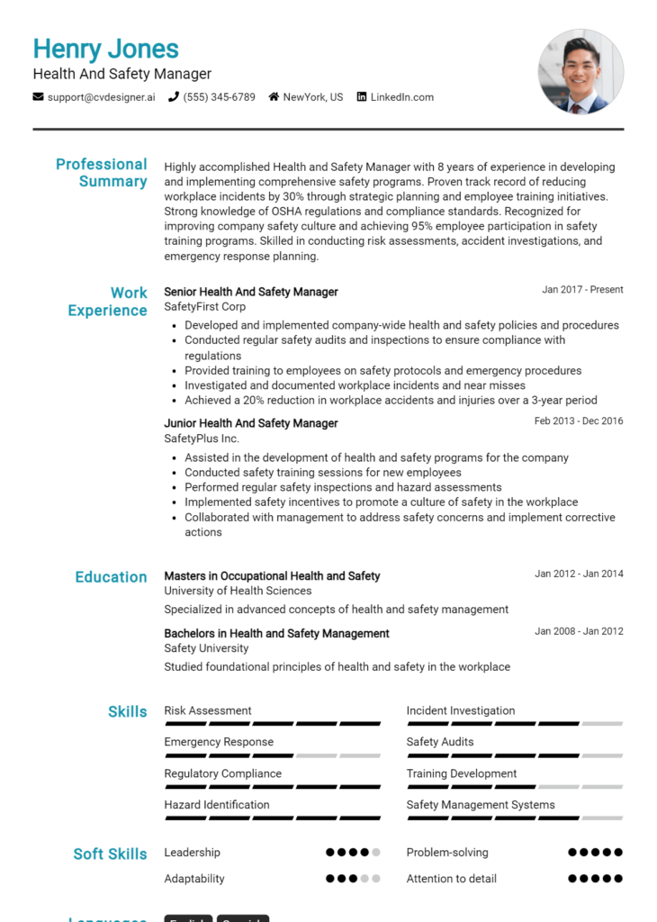 Health And Safety Manager Resume Example