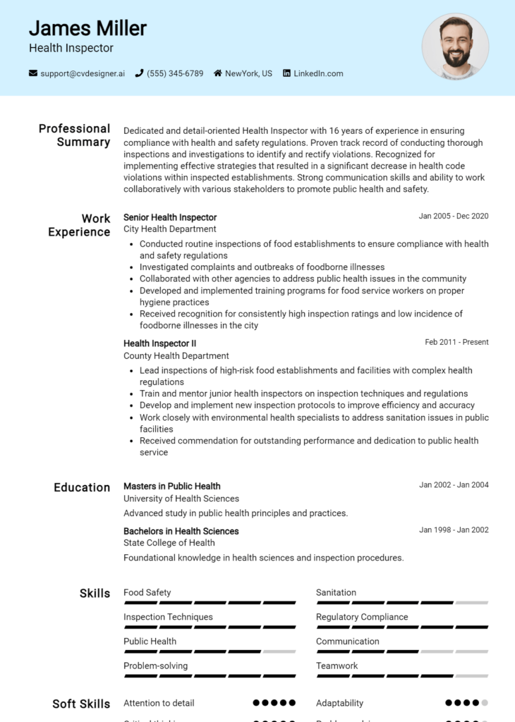 Health Inspector Resume Example