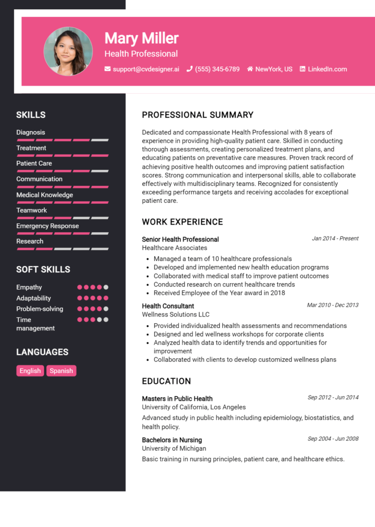 Health Professional Resume Example