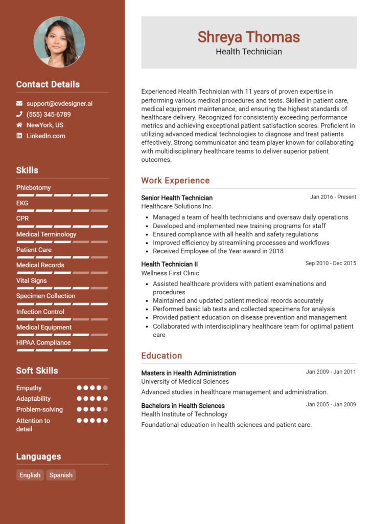 Health Technician Resume Example