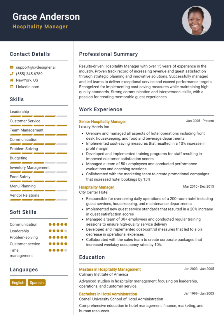 Hospitality Bio Examples Hospitality Manager Resume Example for 2025: Top Templates - CVDesigner.ai