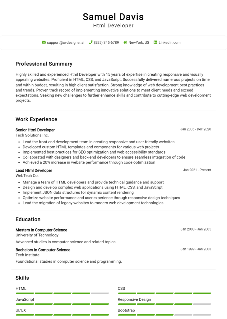 Html Developer Resume Example