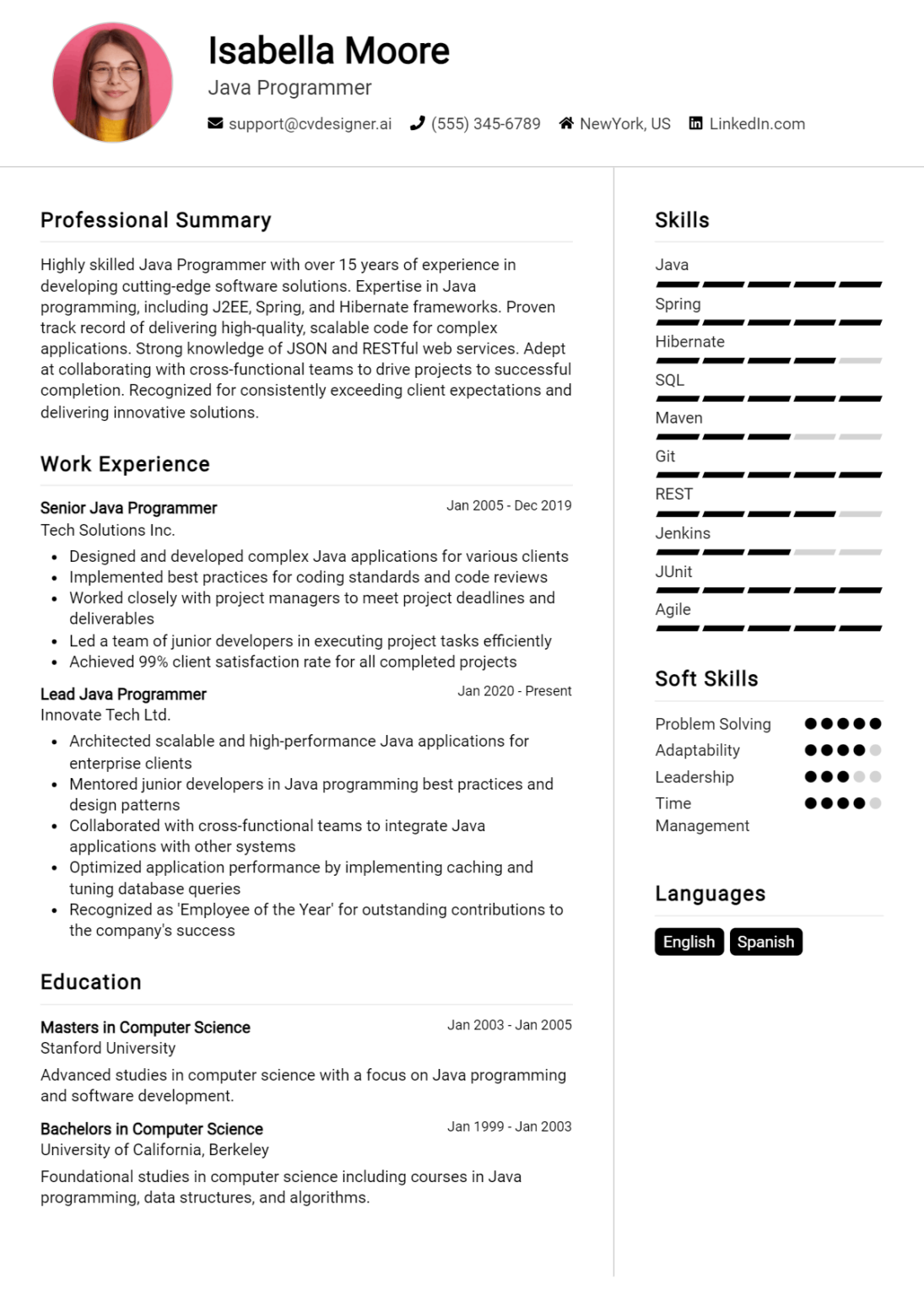 12 Java Programmer Resume Examples And Templates for 2024 - CVDesigner.ai