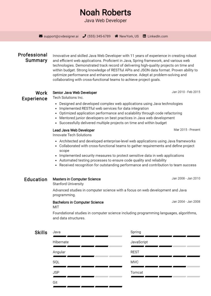 Java Web Developer Resume Example