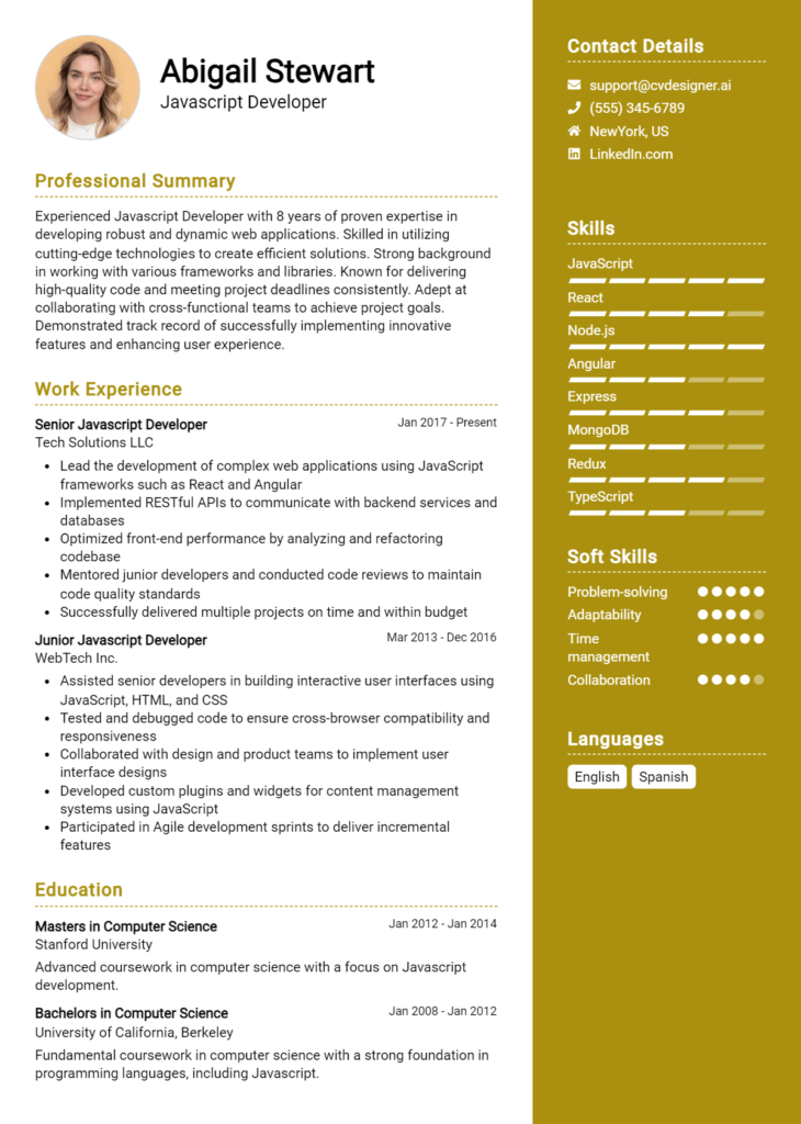 Javascript Developer Resume Example