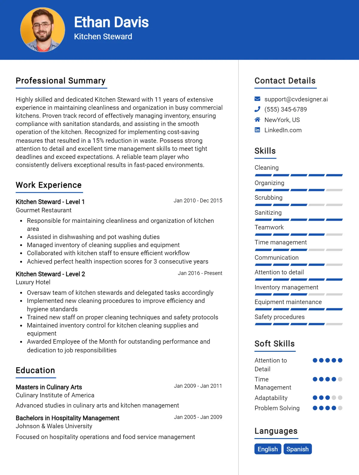 6 Kitchen Steward CV Examples & Free Templates For 2025 - CVDesigner.ai