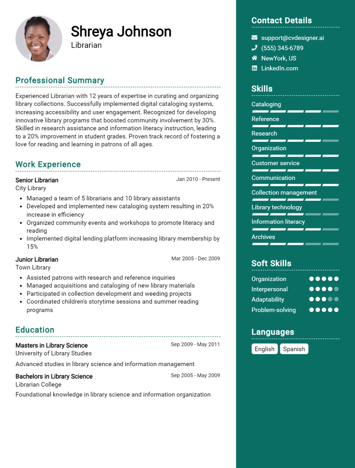 Librarian CV Example For 2025: Strategies & Templates - CVDesigner.ai