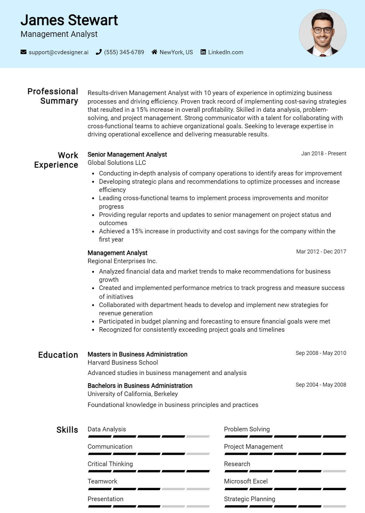 Management Analyst Resume Example for 2024: Resume Guide - CVDesigner.ai