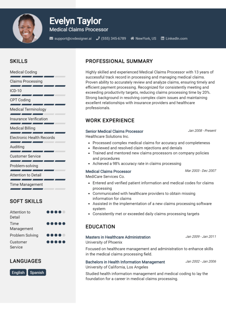 Medical Claims Processor Resume Example