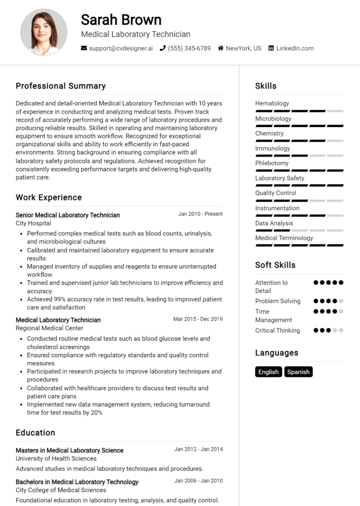 Medical Laboratory Technician Resume Example