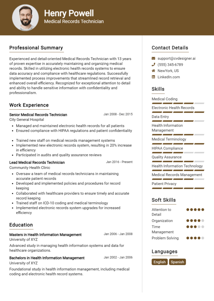 Medical Records Technician Resume Example