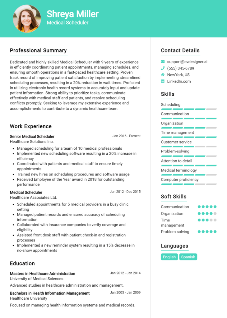 Medical Scheduler Resume Example