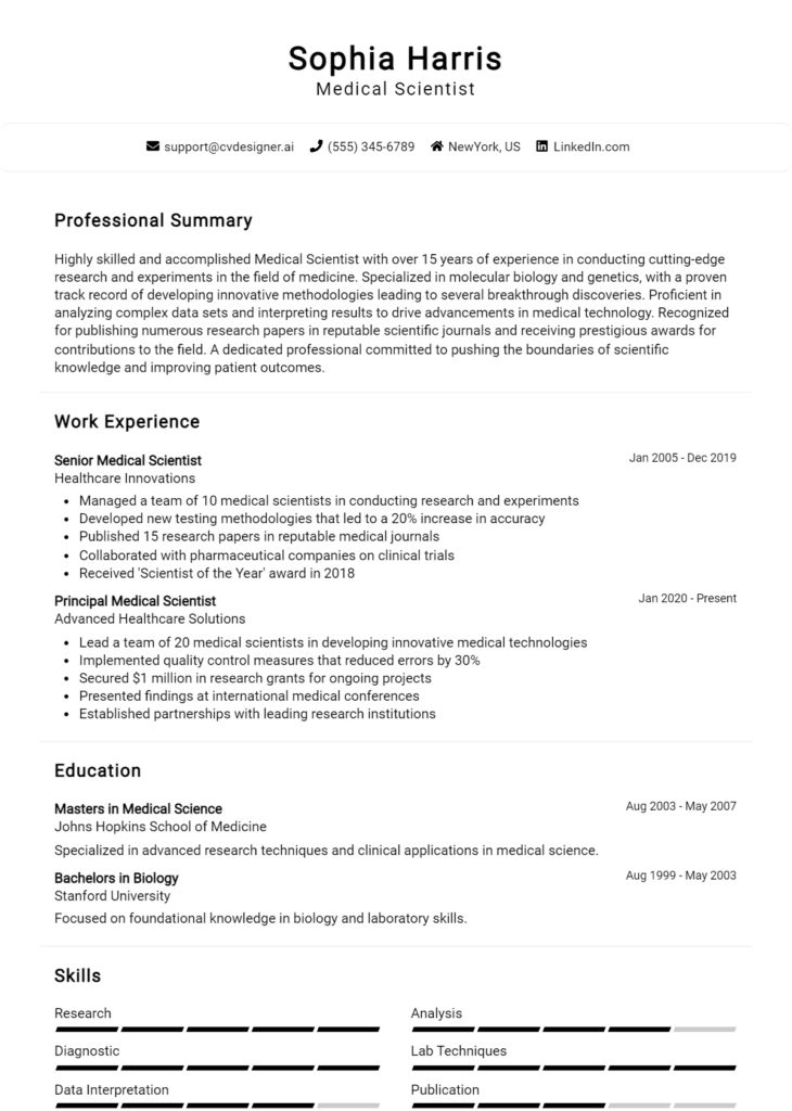 Medical Scientist Resume Example