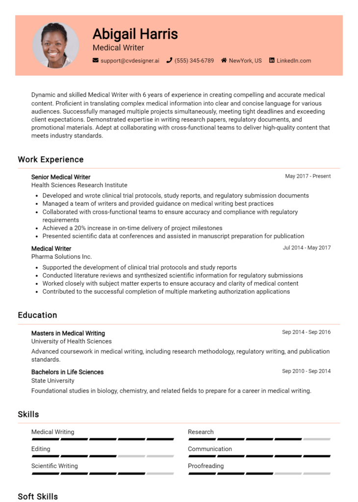 Medical Writer Resume Example