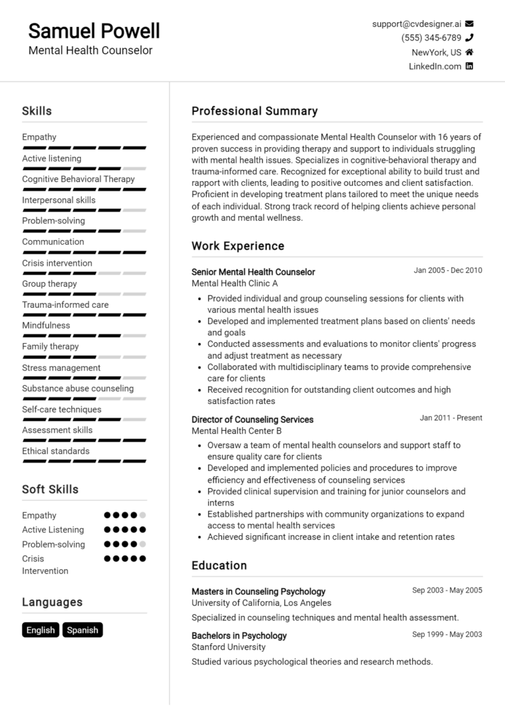 Mental Health Counselor Resume Example