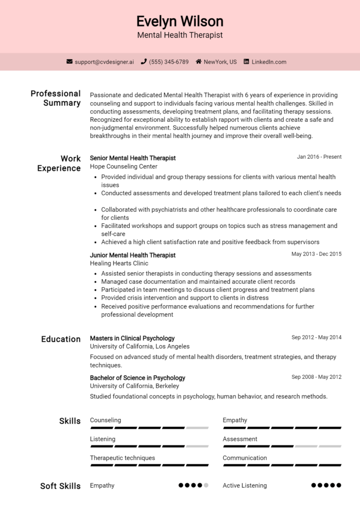 Mental Health Therapist Resume Example