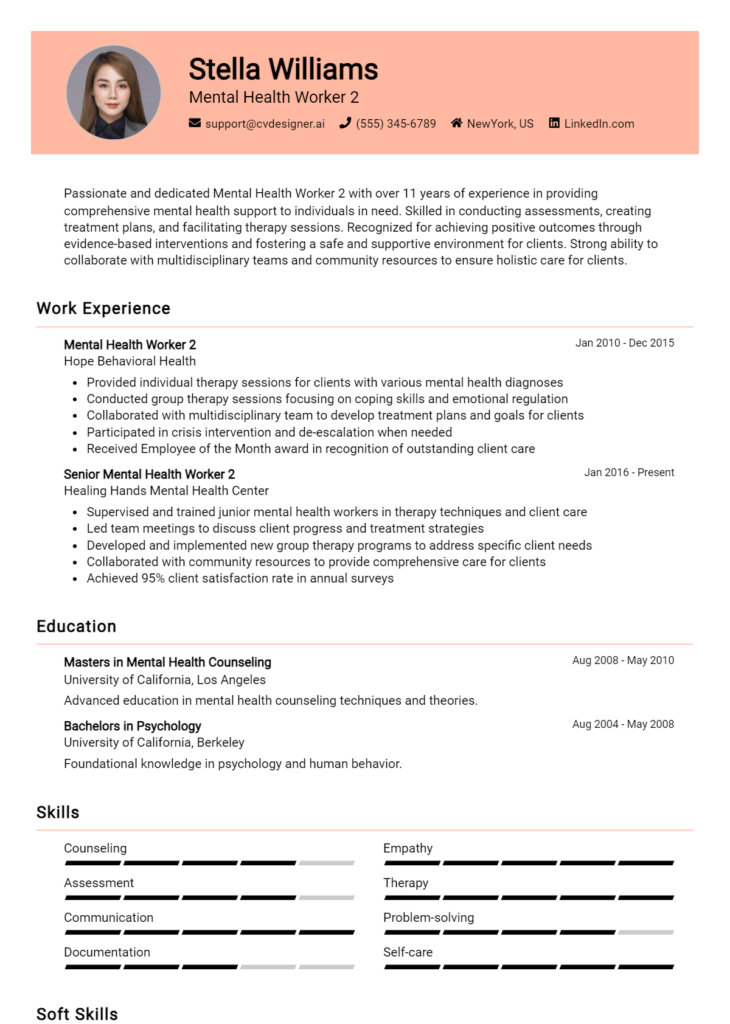 Mental Health Worker 2 Resume Example