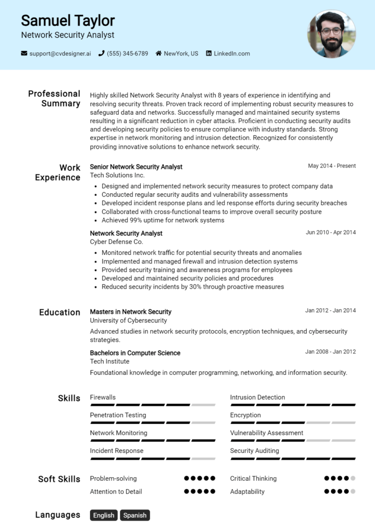 18 Network Analyst Resume Examples And Templates for 2025 - CVDesigner.ai