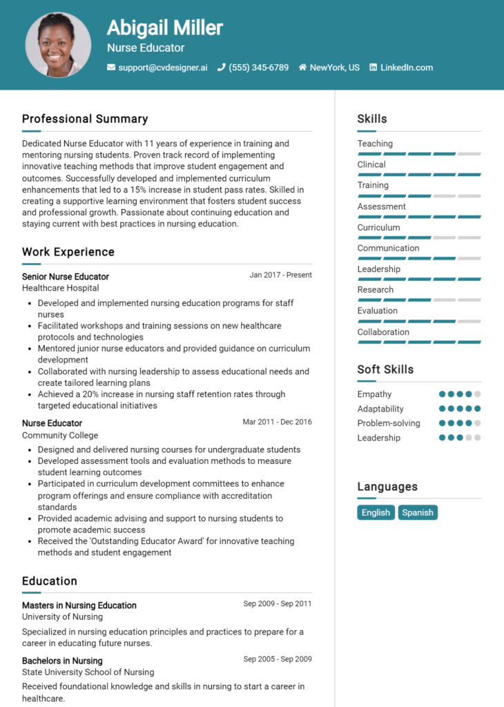 Nurse Educator Resume Example