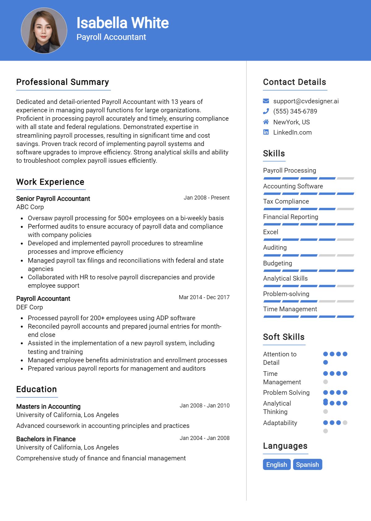 Payroll Accountant Resume Example for 2025: Top CV Skills - CVDesigner.ai