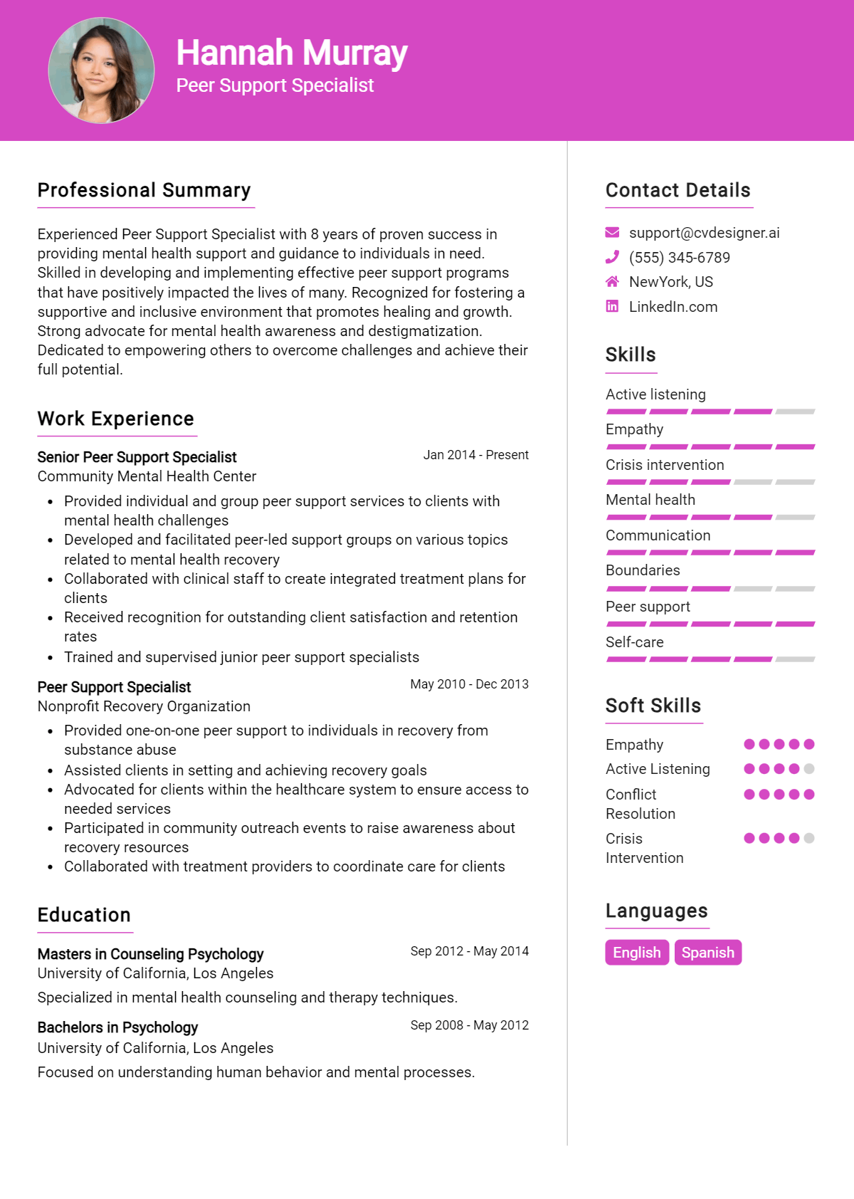 Peer Support Specialist Resume Example