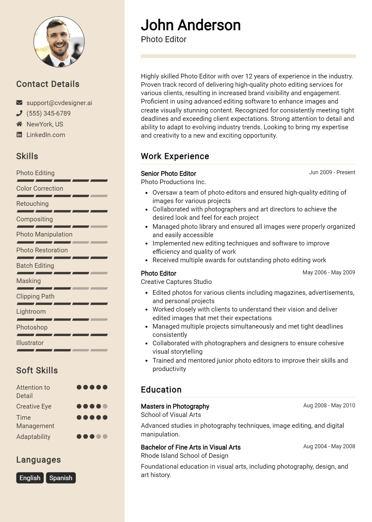 Photo Editor Resume Example for 2024: Expert Tips - CVDesigner.ai