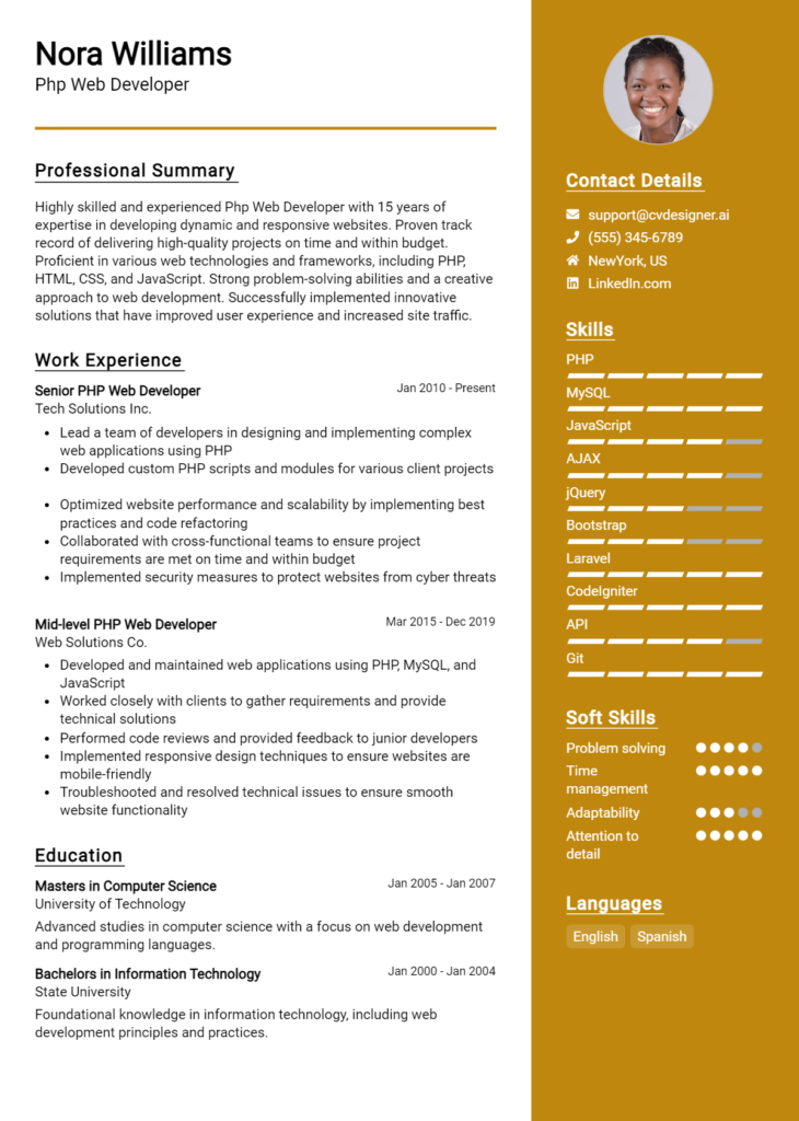 Php Web Developer Resume Example