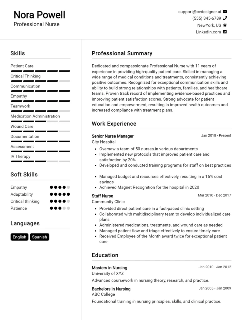 Professional Nurse CV Example