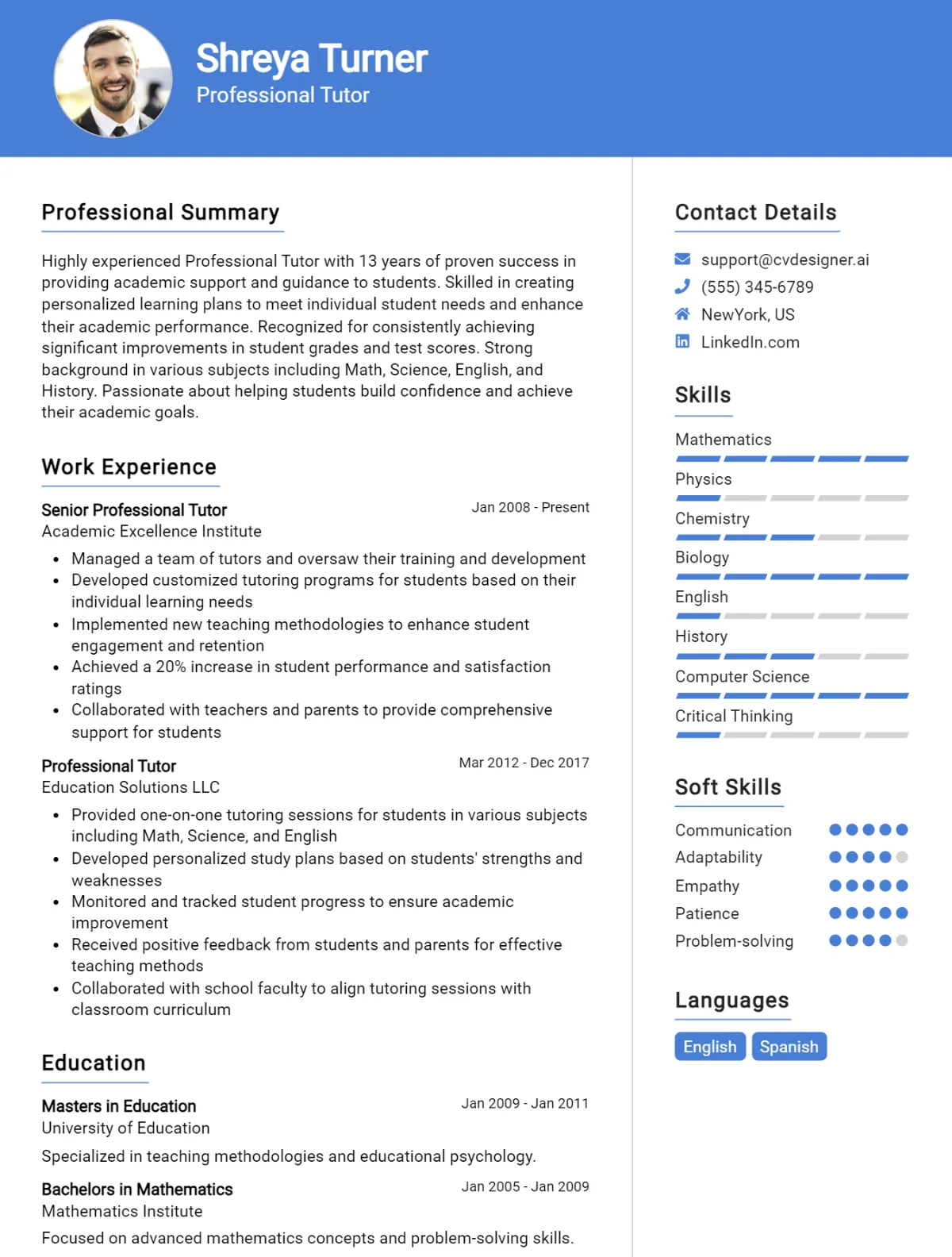 10 Professional Tutor CV Examples And Templates For 2025 - CVDesigner.ai